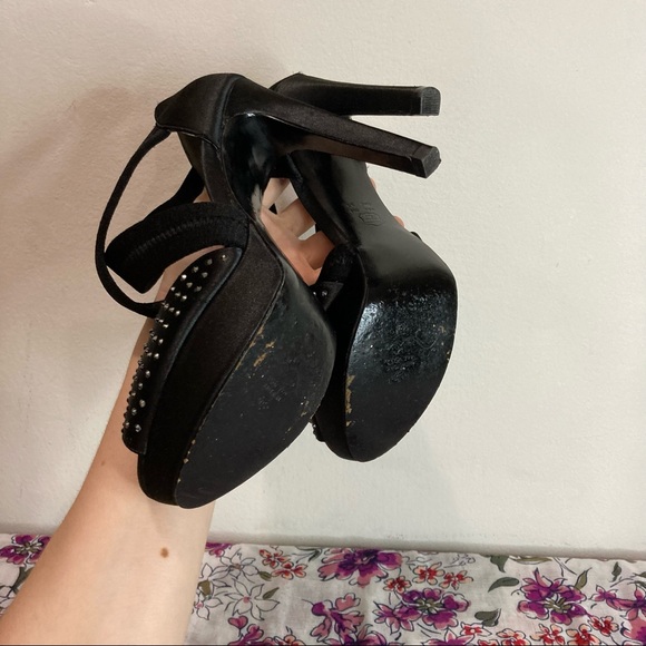 Nina New York Black Satin Rhinestone Platform Heels Thick Criss Cross Straps - Picture 6 of 12